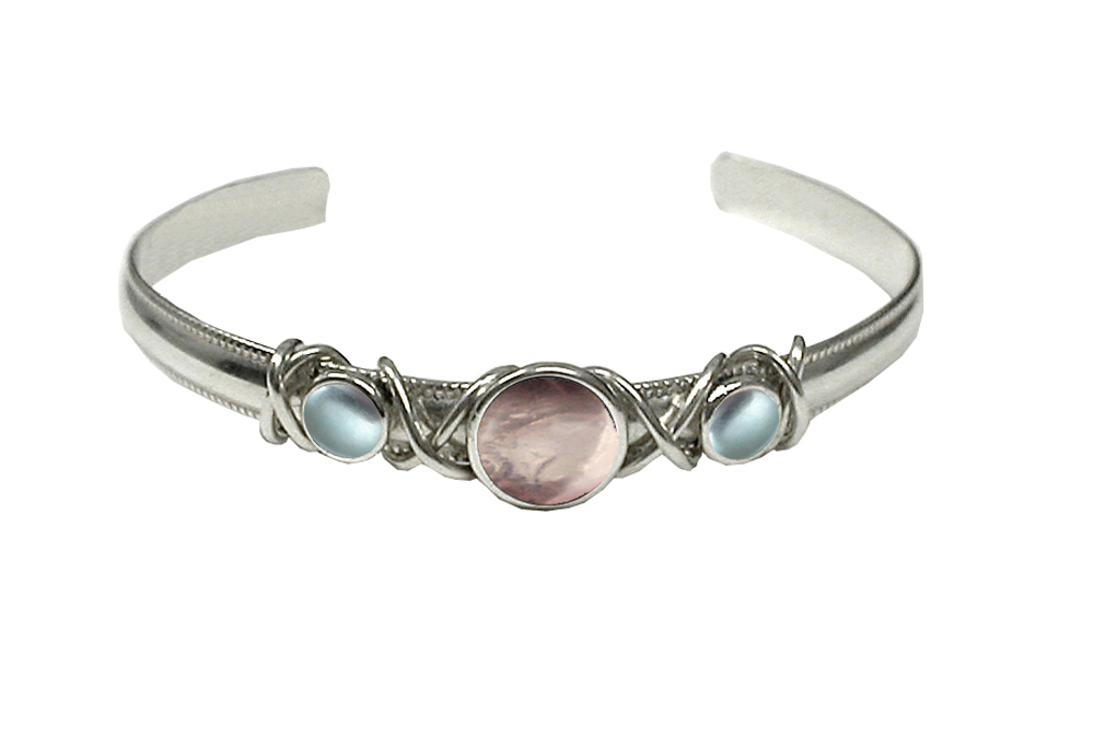 Sterling Silver Hand Made Cuff Bracelet With Rose Quartz And Blue Topaz